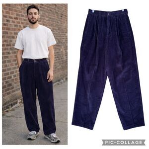 Vintage 80s Eddie Bauer Navy Corduroy Pants Men Size 30 Pleated Baggy High Rise